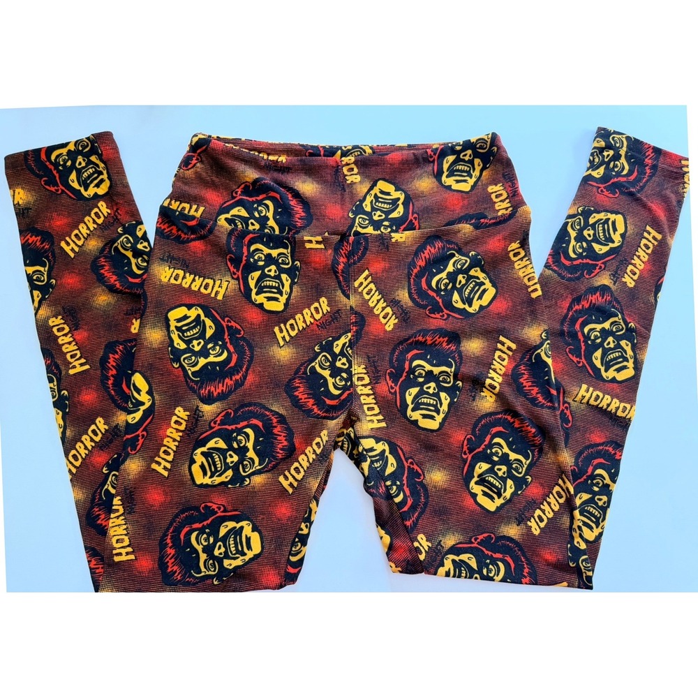 LuLaRoe Horror Night Zombie Print Leggings Women One Size OS Red Orange Spooky